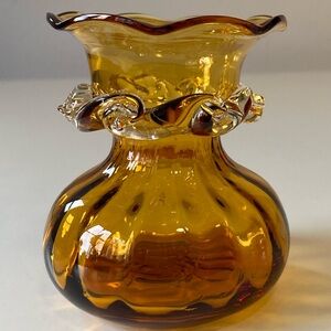 Vintage Pilgrim Glass Amber Vase with Applied Clear Glass Accents - 3.5”